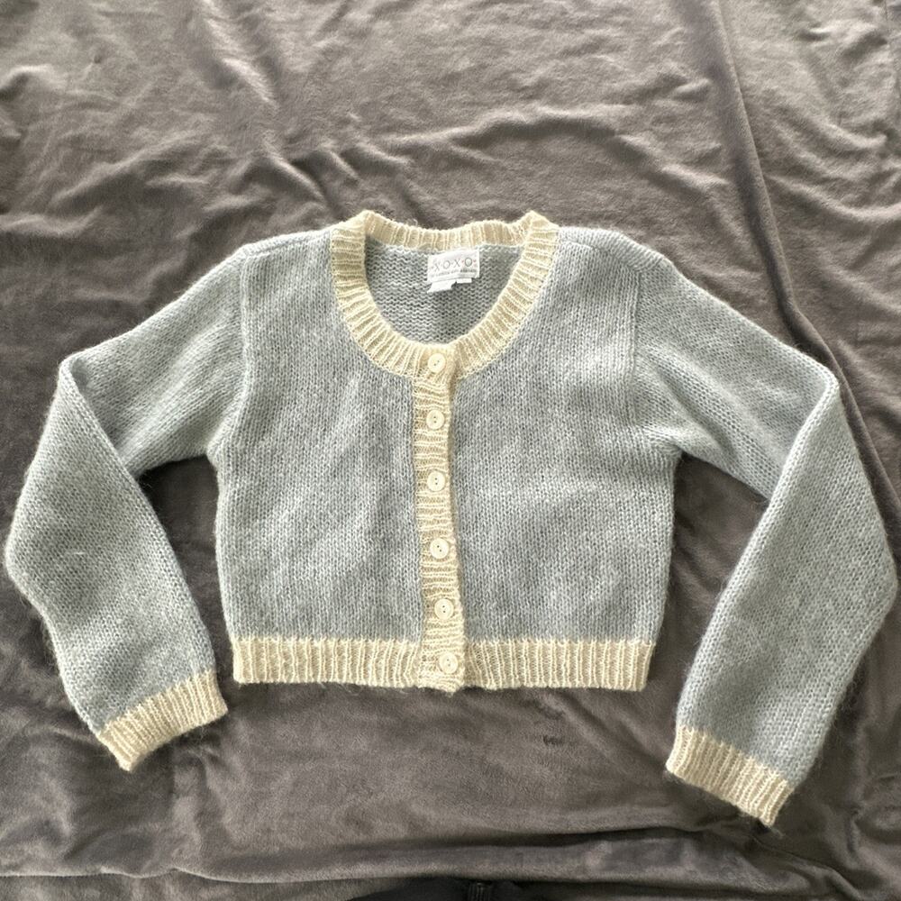 Vintage XOXO Sweater Womens Medium Blue Cropped Wool Mohair Cardigan Soft Girl - Picture 2 of 7